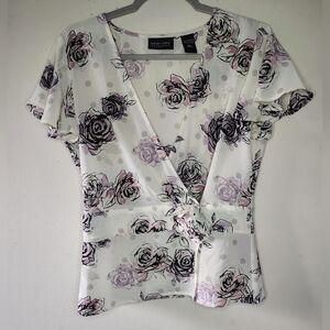 New York & Co. Y2K Muted Floral Sheer Babydoll Wrap Flowy Romantic Top Large